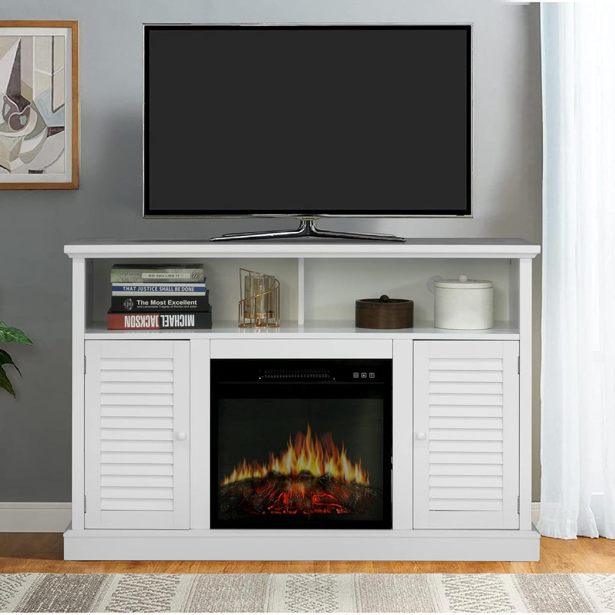 Electric Fireplace TV Stand for TVs Up to 65 with Barn Door Storage Cabinet C483222