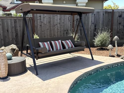 Outdoor Patio Porch Swing with Adjustable PVC Canopy, 3-seat Swing Chair Bench with Side Cup Holder, Cushions and Pillow Included, Grey G861