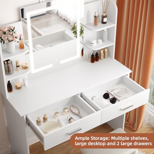 White Vanity Desk with Lighted Mirror and 6 Storage Shelves Q16386