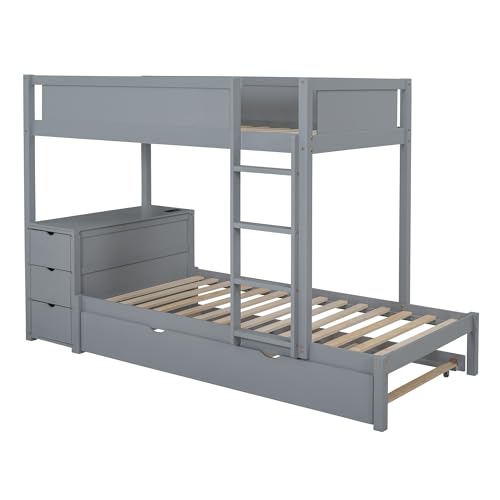 White Wood Twin Over Twin Bunk Bed with Trundle E55790