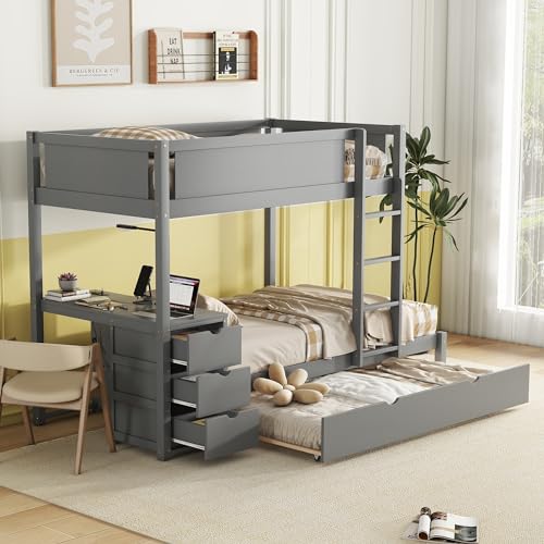 White Wood Twin Over Twin Bunk Bed with Trundle E55790