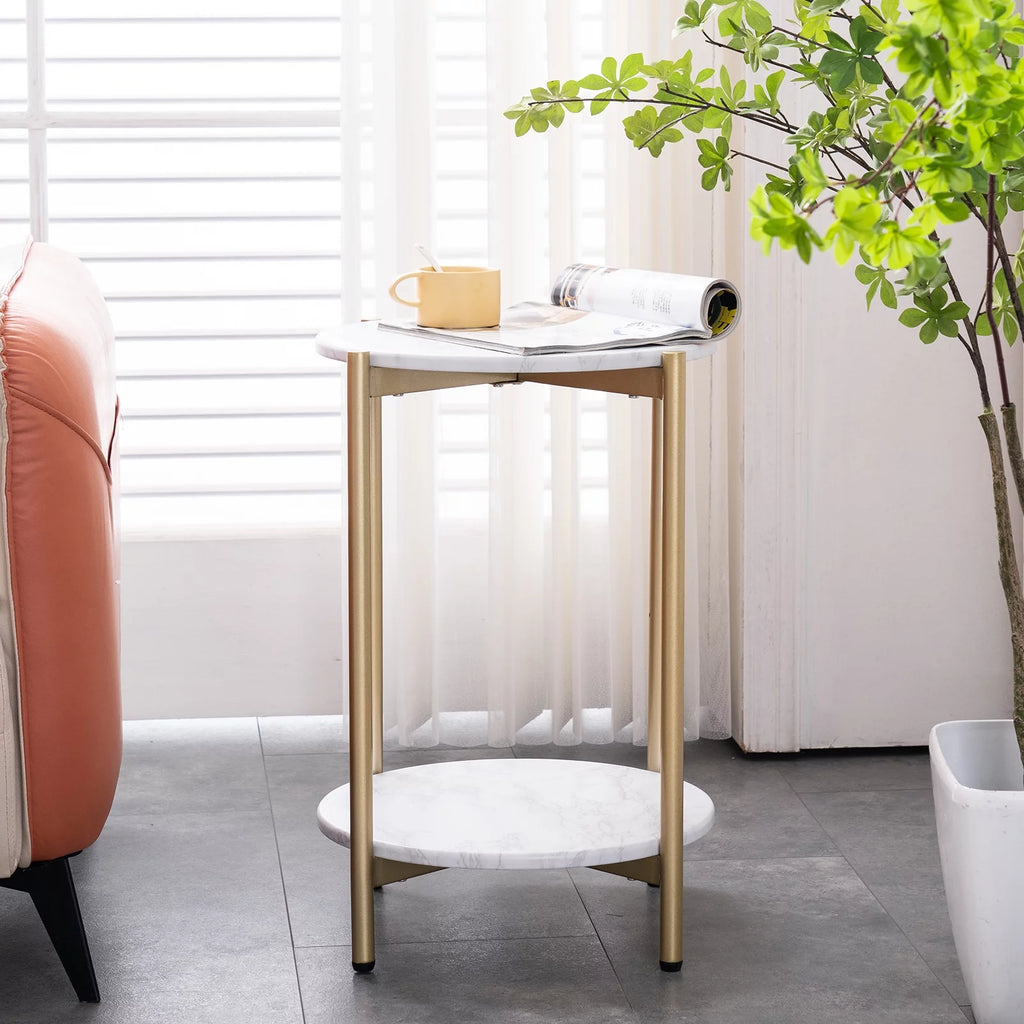 Gold White 2-Tier Round Faux Marble End Table C8291