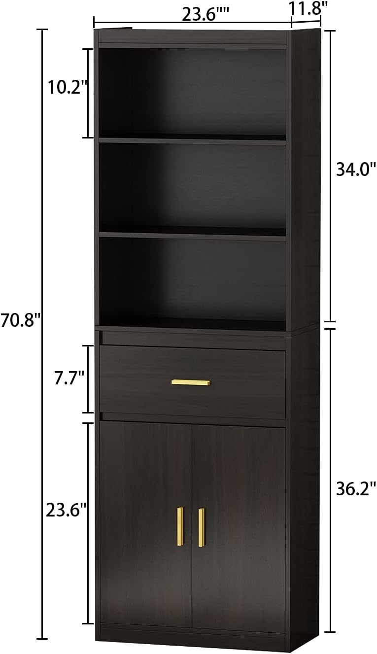 Black-Brown 3 Tier Wooden Bookcase Storage Cabinet with 2 Doors and 1 Drawer W6875