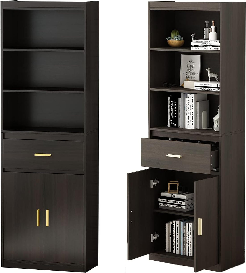 Black-Brown 3 Tier Wooden Bookcase Storage Cabinet with 2 Doors and 1 Drawer W6875