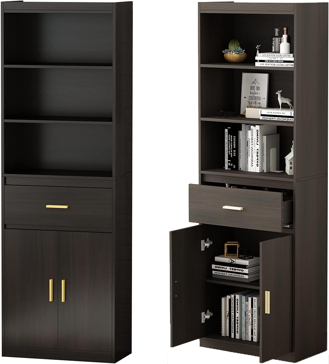 Black-Brown 3 Tier Wooden Bookcase Storage Cabinet with 2 Doors and 1 Drawer W6875