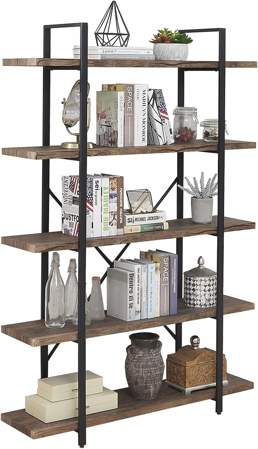 5-Shelf Industrial Bookshelf with Metal Frame J48323