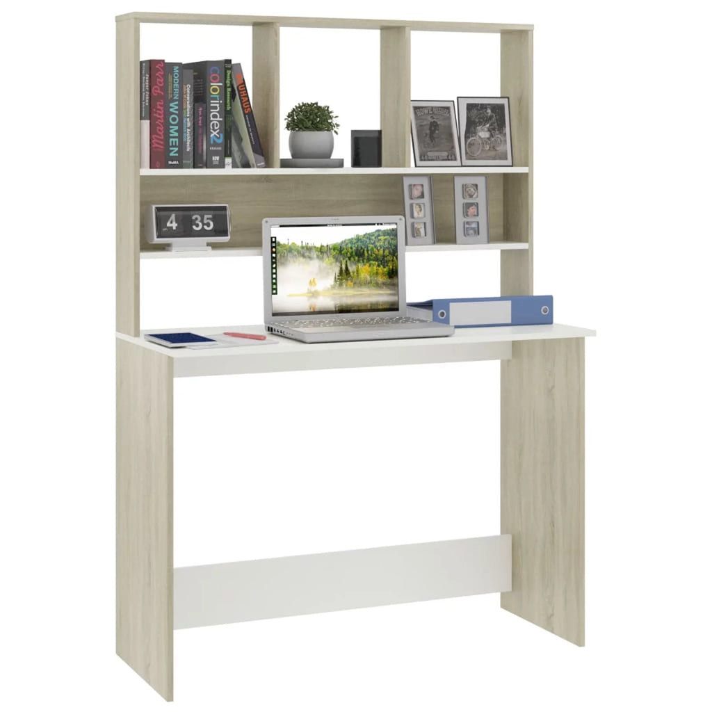 White and Sonoma Oak Desk with Shelves B22370