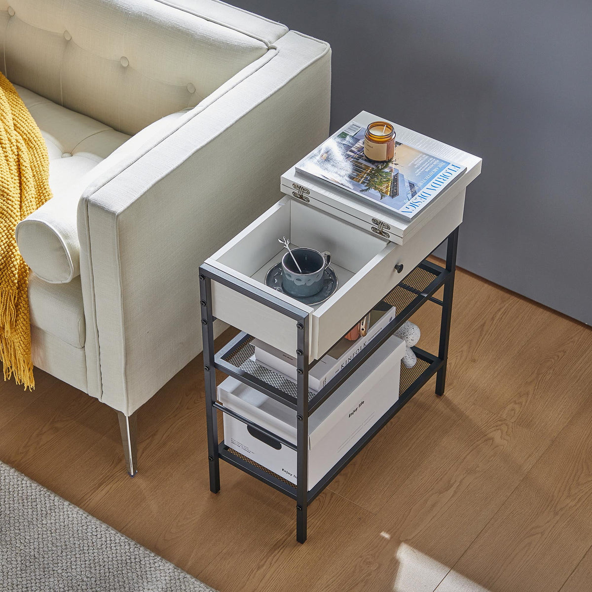 White Flip Top Side Table with Charging Station and Storage Shelves V9893