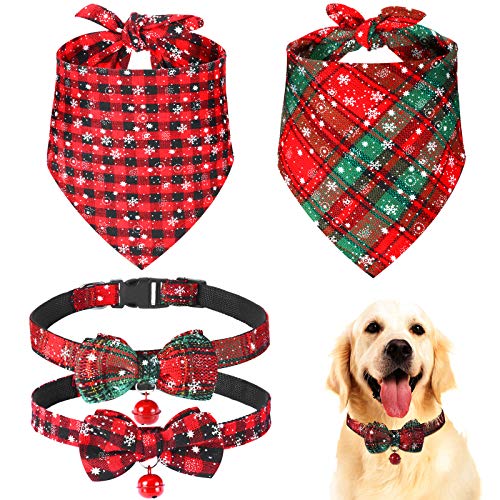 Christmas Dog Bandanas and Collars Set Plaid Adjustable with Safety Bell A610