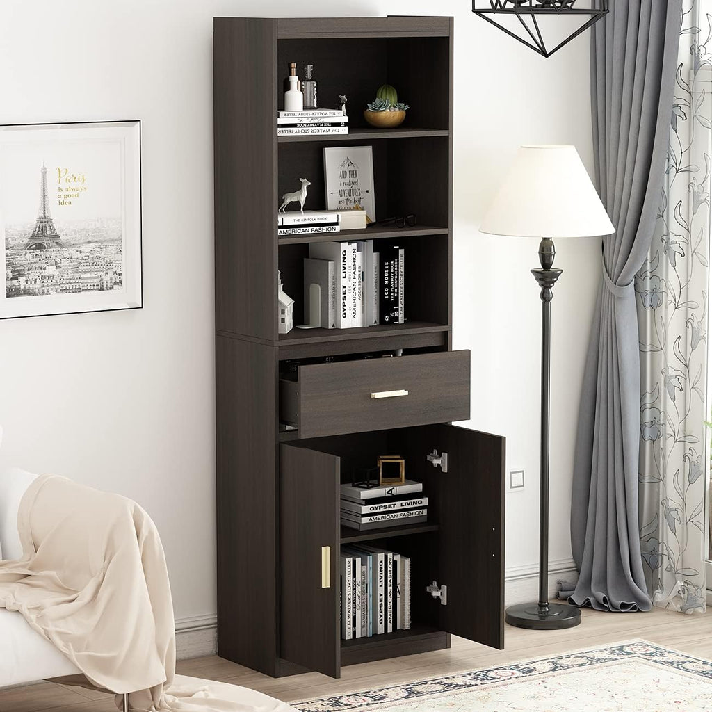 Black-Brown 3 Tier Wooden Bookcase Storage Cabinet with 2 Doors and 1 Drawer W6875