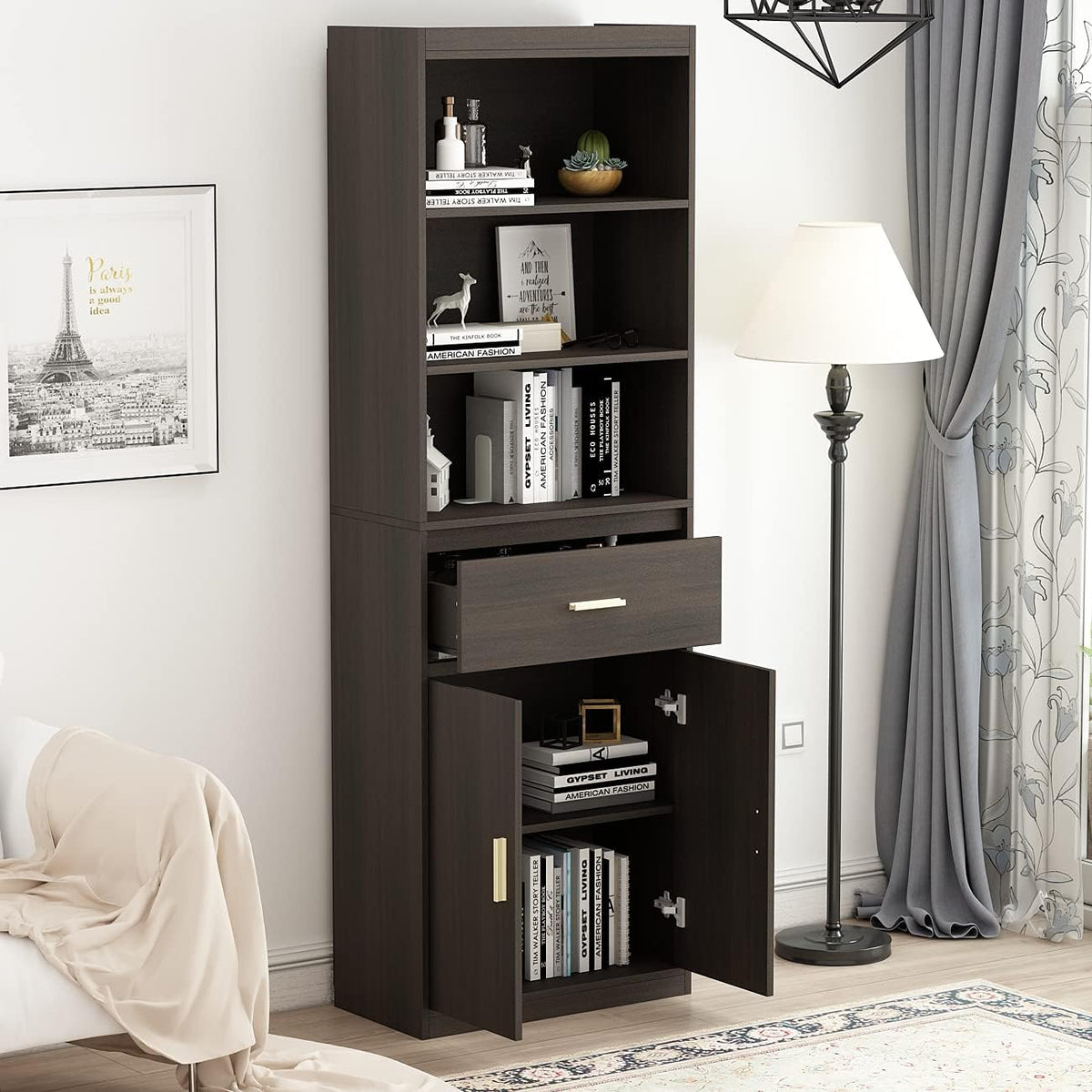 Black-Brown 3 Tier Wooden Bookcase Storage Cabinet with 2 Doors and 1 Drawer W6875