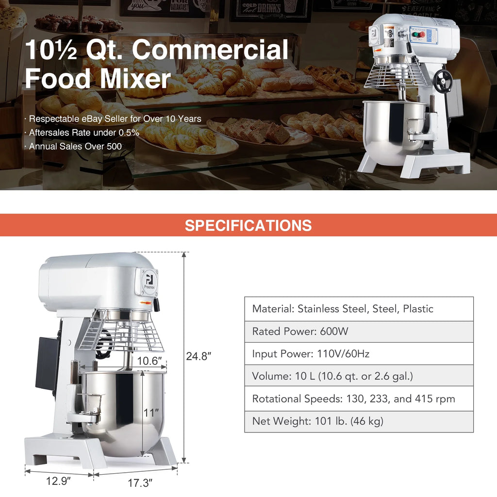 10Qt 600W Commercial Stand Mixer with 3 Attachment D31901
