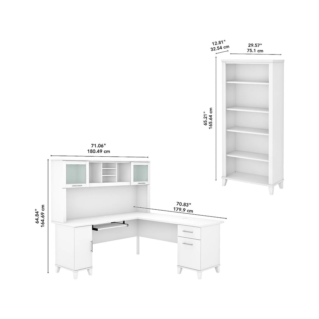 White L Shaped Desk with Hutch and Bookcase T837