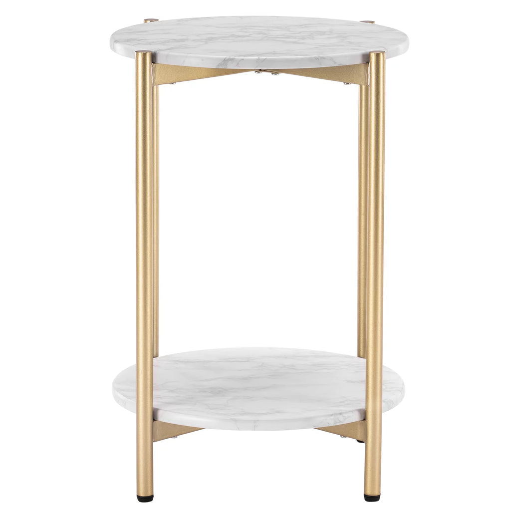 Gold White 2-Tier Round Faux Marble End Table C8291