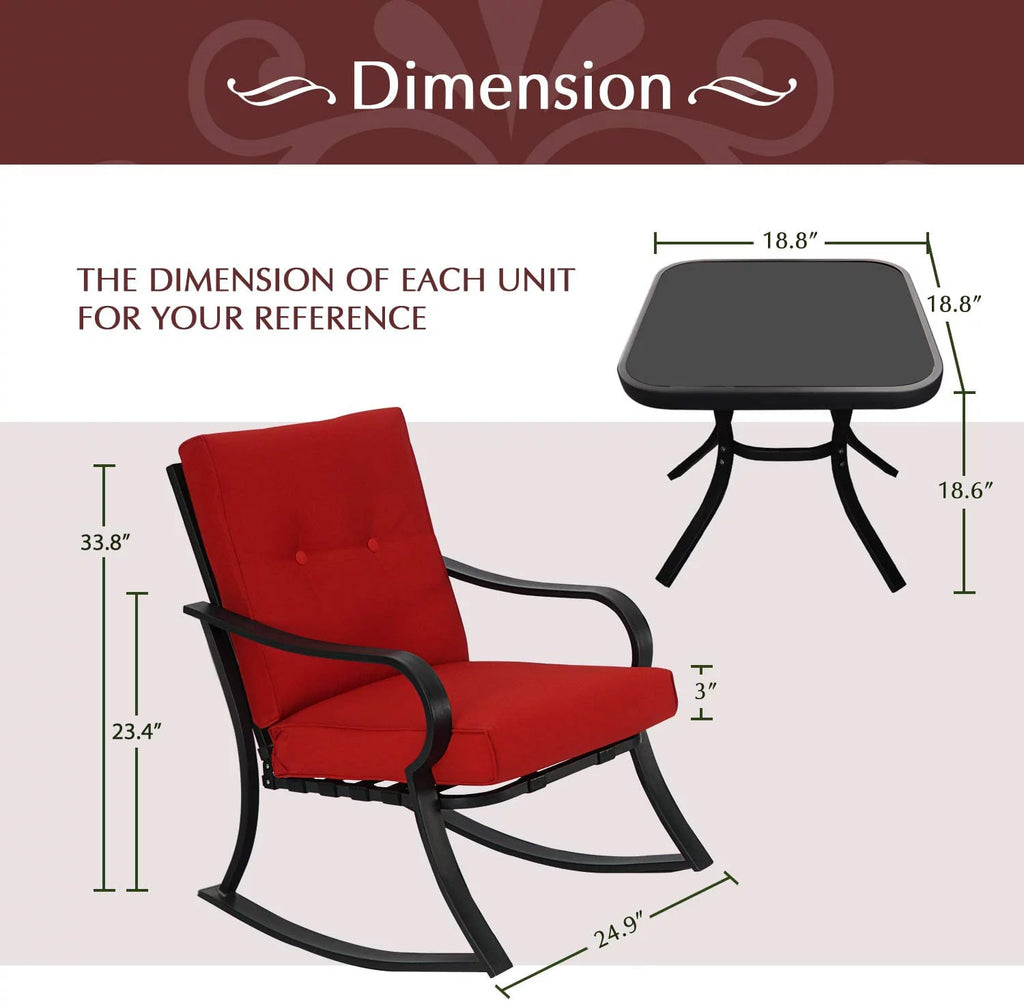 3-Piece Black Metal Rocking Chairs and Table with Brown Cushions K935015