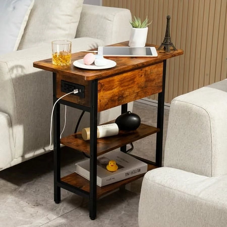 End Table with Charging Station, Flip Top Side Table with USB Ports and Outlets Q7776