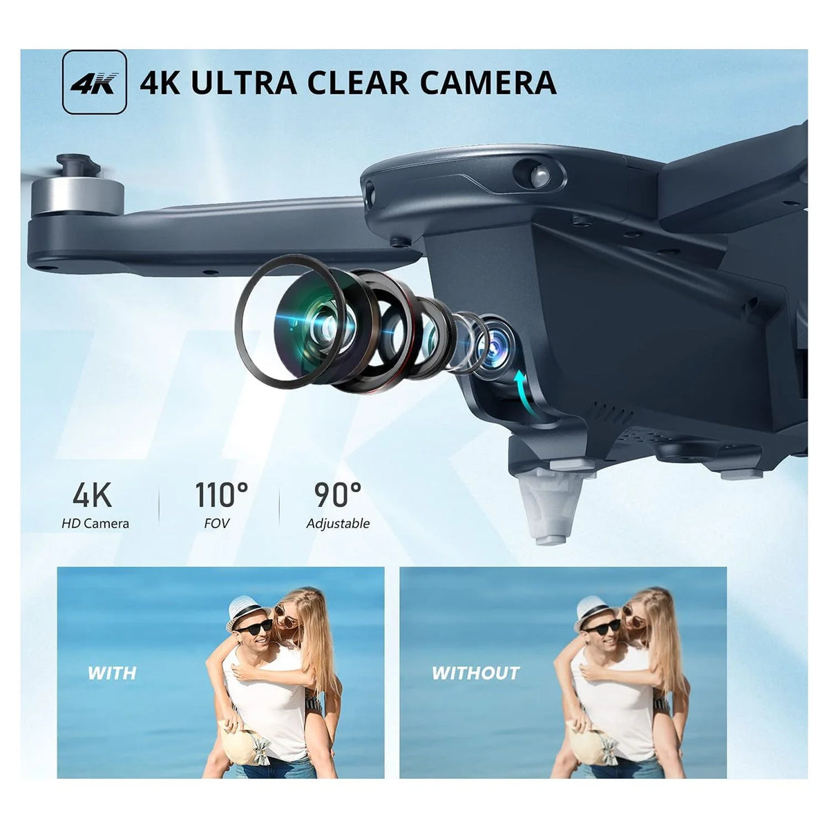 4K Camera Foldable GPS Drone with 2 Batteries, Black C7778