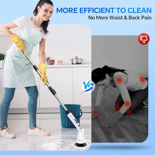 Electric Spin Scrubber with Long Handle, IPX7 Waterproof Cordless Cleaning Brush, 7 Replaceable Brush Heads, 2 Speeds J387586