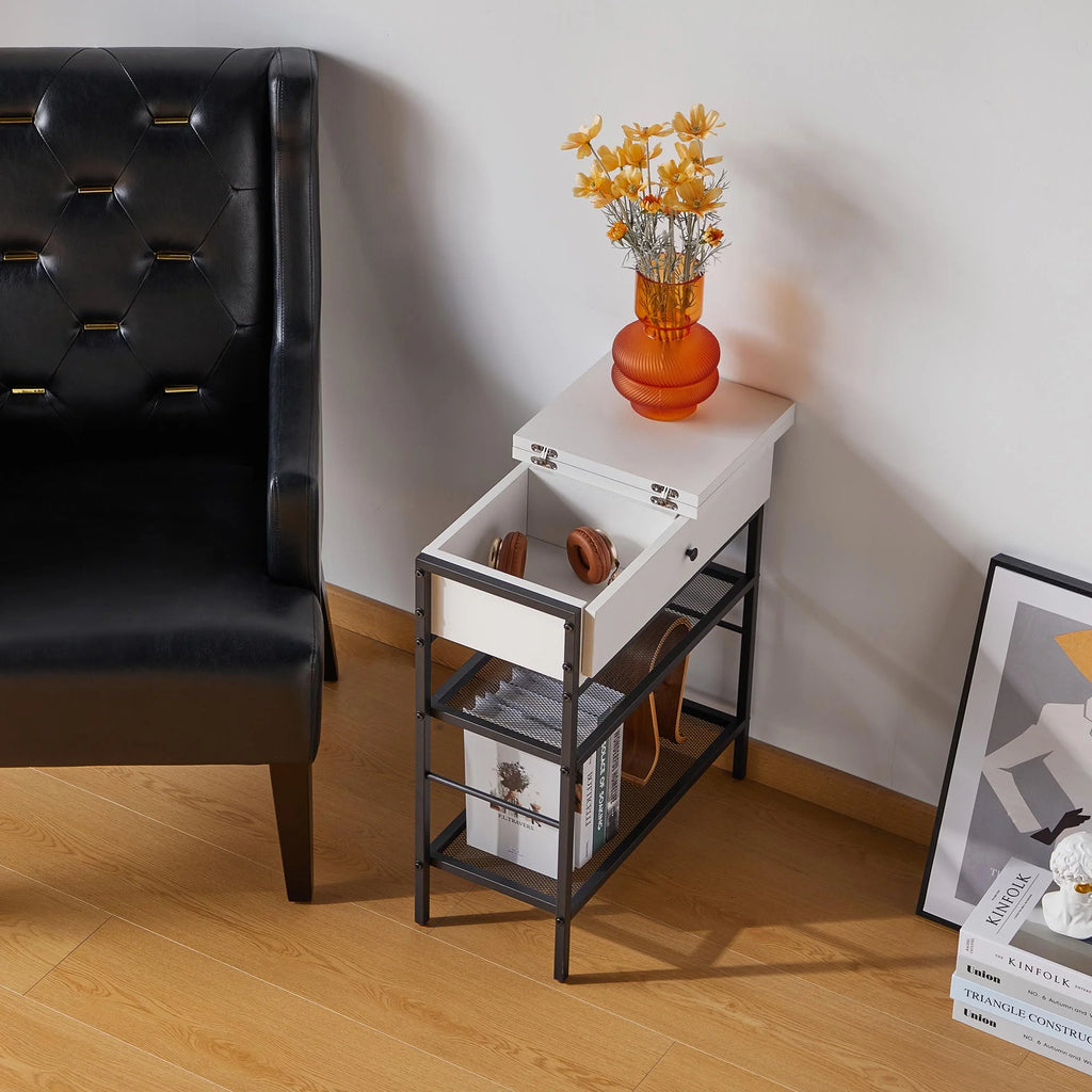 White Flip Top Side Table with Charging Station and Storage Shelves V9893