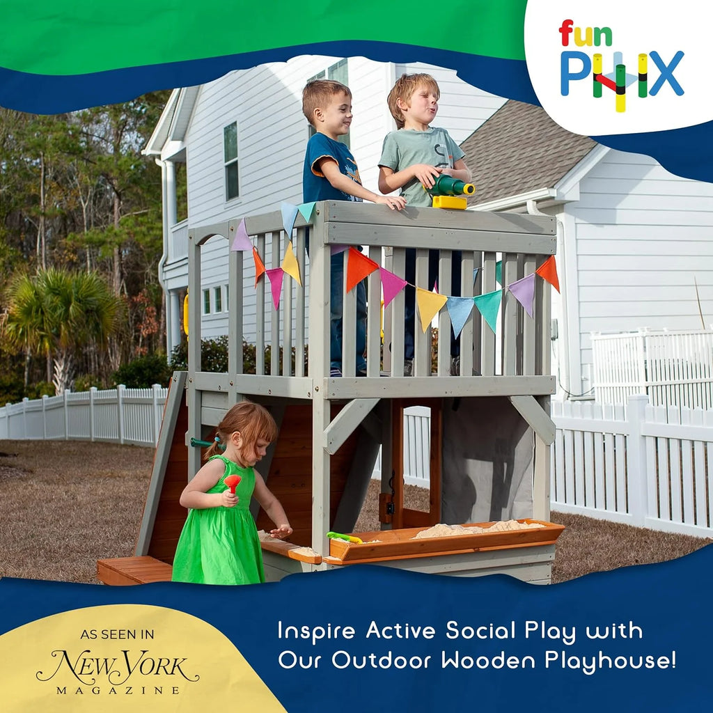 Wooden Playhouse with Sandbox, Bench, Telescope, Ladder, Climbing Ramp & Doors F1073