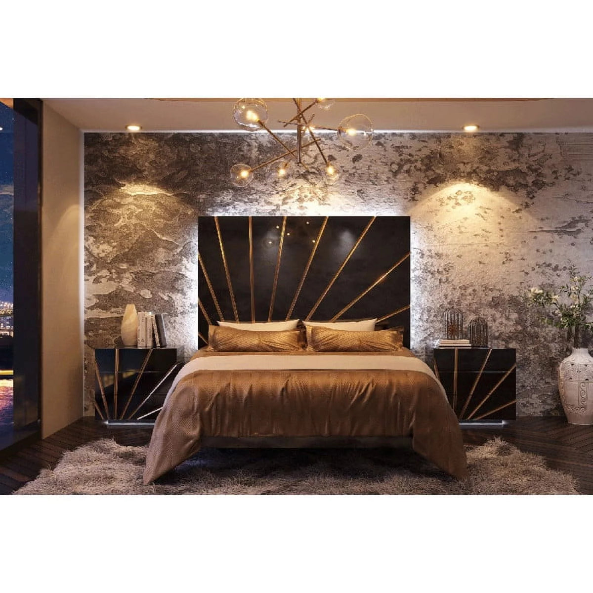 5-Piece Black High Gloss Queen Size Bedroom Set W365