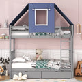 Wooden Twin over Twin Bunk Bed Frame with Tent and 2 Drawers U43436