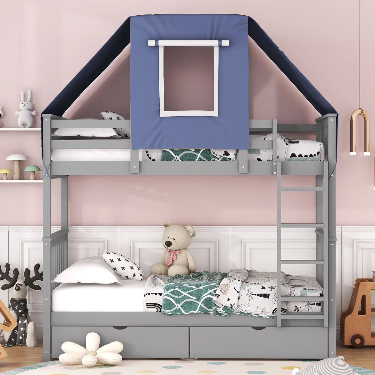 Wooden Twin over Twin Bunk Bed Frame with Tent and 2 Drawers U43436