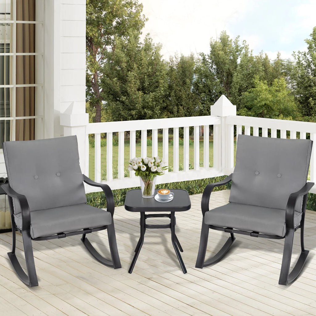 3-Piece Black Metal Rocking Chairs and Table with Brown Cushions K935015