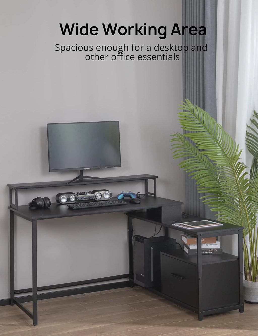 L-Shaped Computer Desk with File Drawer and Monitor Shelf A9340