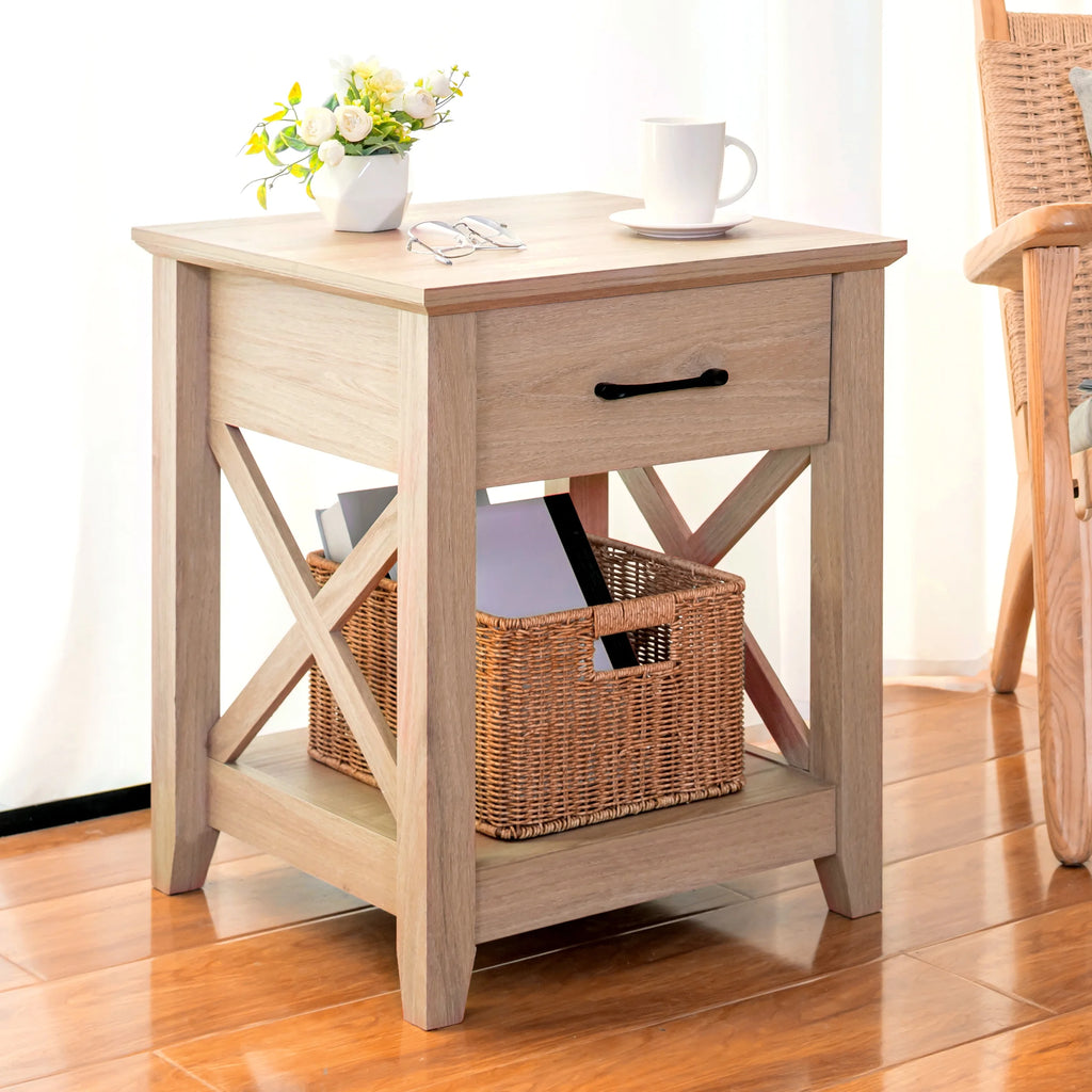 Farmhouse X-Design End Table with Storage Drawer Y816
