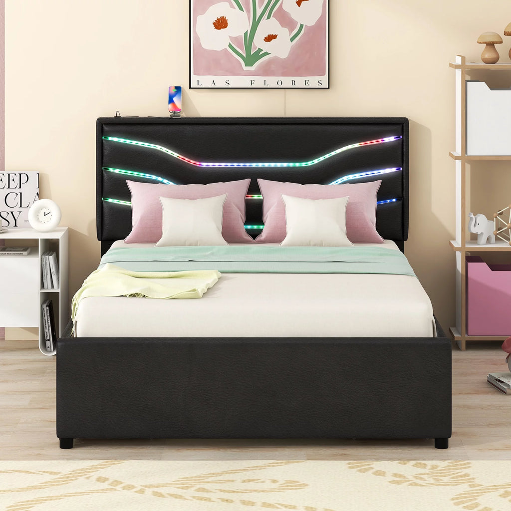 Queen Size Upholstered Storage Platform Bed with Led 4 Drawers USB Charging Black A7828