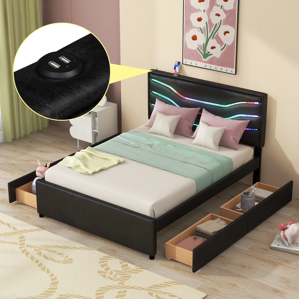 Queen Size Upholstered Storage Platform Bed with Led 4 Drawers USB Charging Black A7828