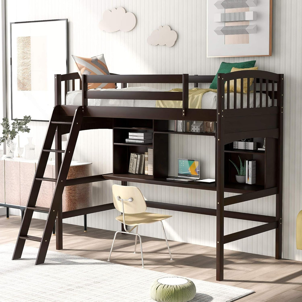 Twin Size Solid Wood Loft Bed with Desk and Storage Shelves A955