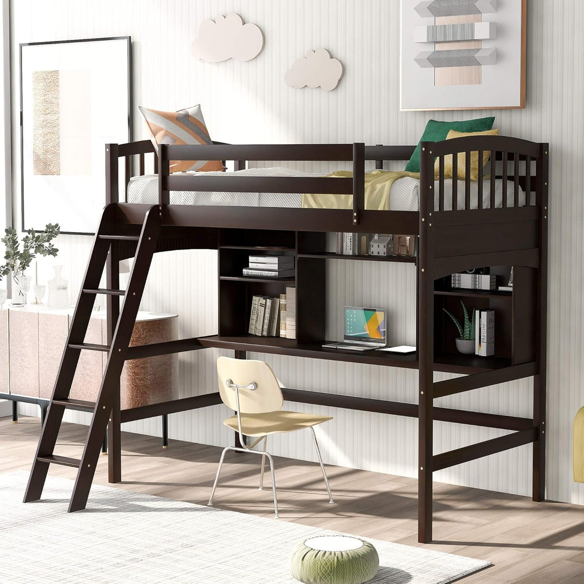 Twin Size Solid Wood Loft Bed with Desk and Storage Shelves A955