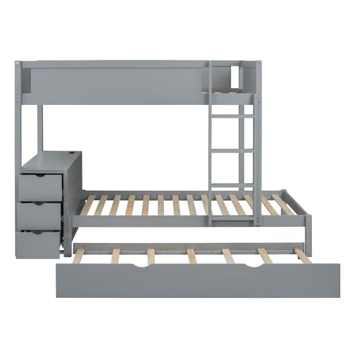 White Wood Twin Over Twin Bunk Bed with Trundle E55790
