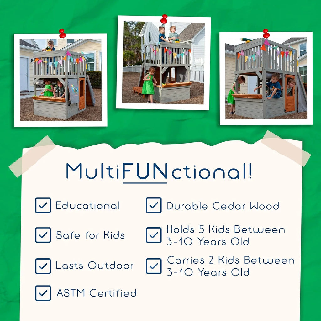 Wooden Playhouse with Sandbox, Bench, Telescope, Ladder, Climbing Ramp & Doors F1073