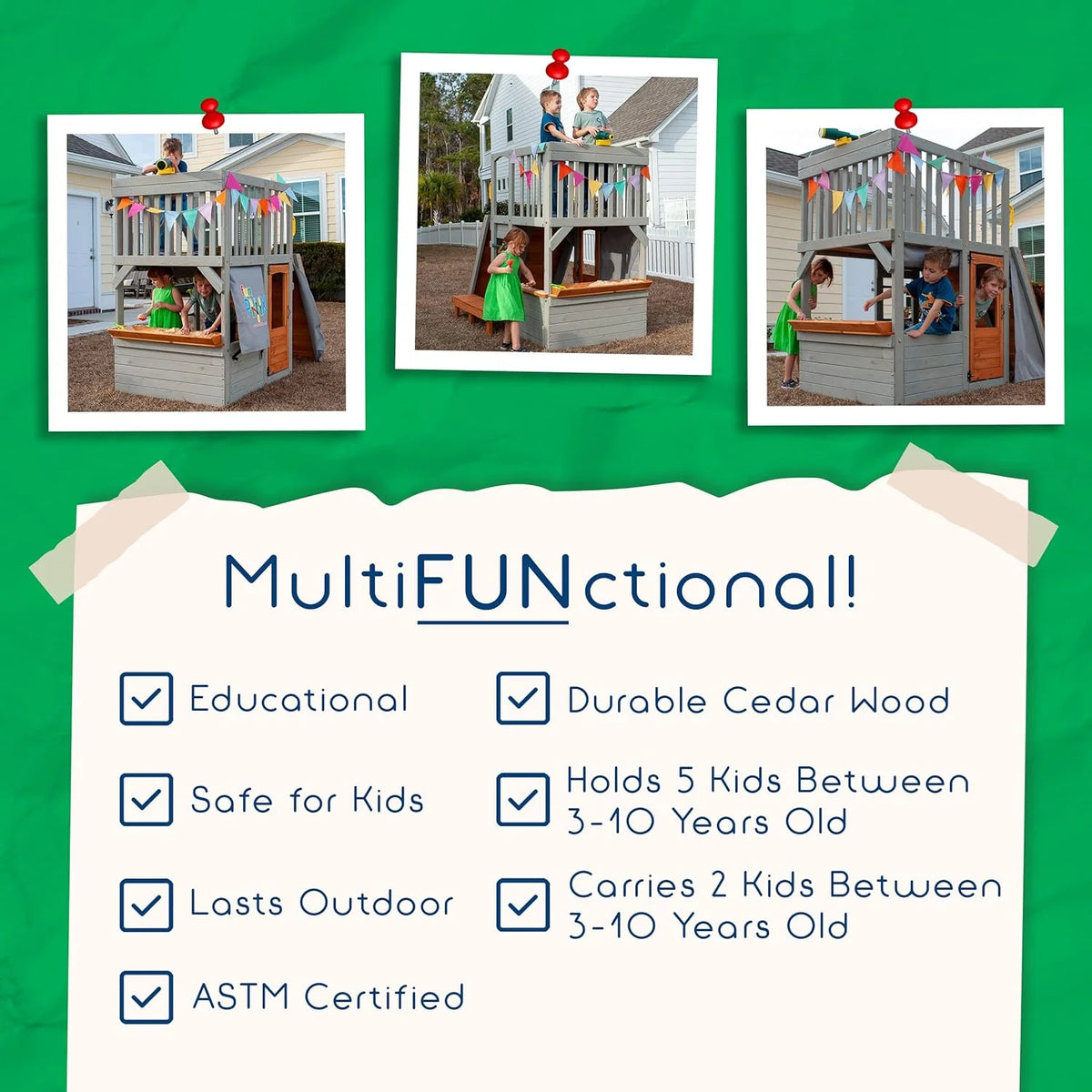 Wooden Playhouse with Sandbox, Bench, Telescope, Ladder, Climbing Ramp & Doors F1073