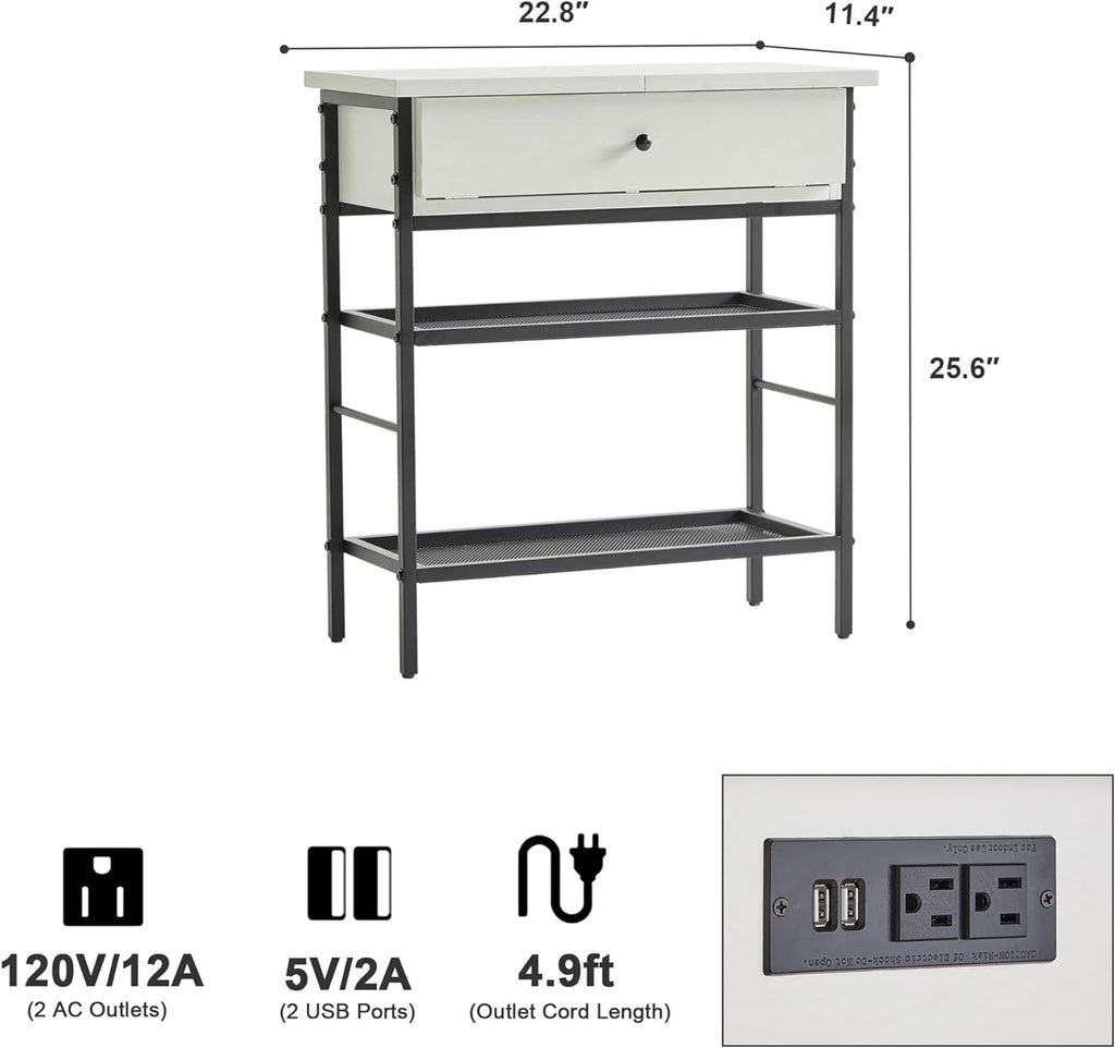 White Flip Top Side Table with Charging Station and Storage Shelves V9893