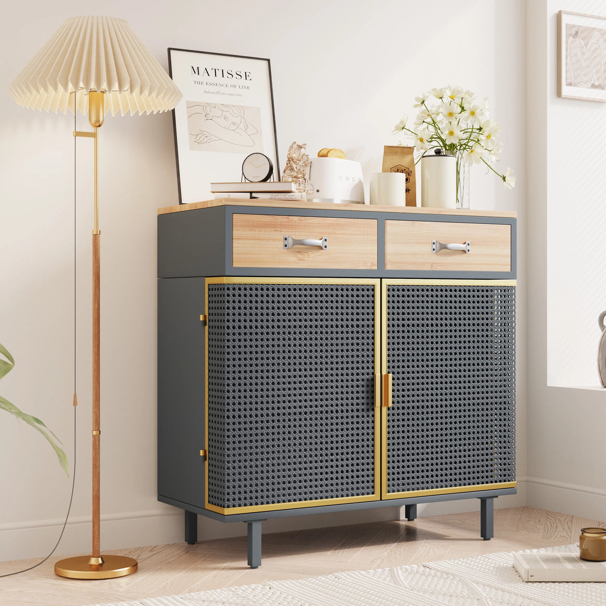 31.5'' Wide 2 Drawer Iron Carbonized Bamboo Sideboard X2514