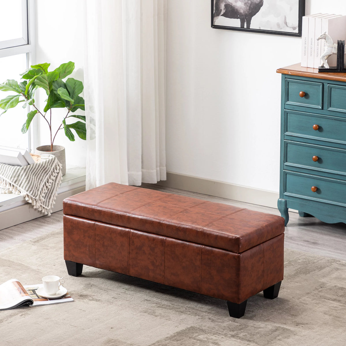 Brown Faux Leather Storage Ottoman Bench E409