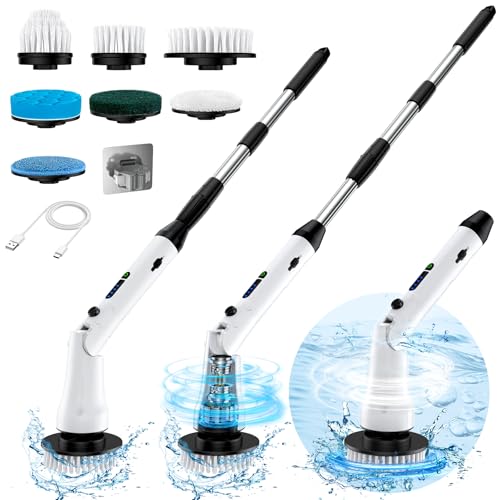 Electric Spin Scrubber with Long Handle, IPX7 Waterproof Cordless Cleaning Brush, 7 Replaceable Brush Heads, 2 Speeds J387586