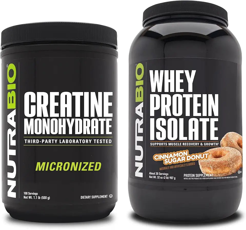 Unflavored Creatine Monohydrate and Cinnamon Sugar Donut Whey Protein Isolate M986