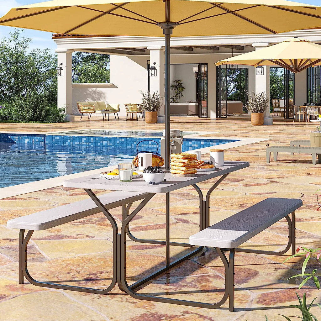 6 ft Picnic Table Bench Set with Umbrella Hole J7676