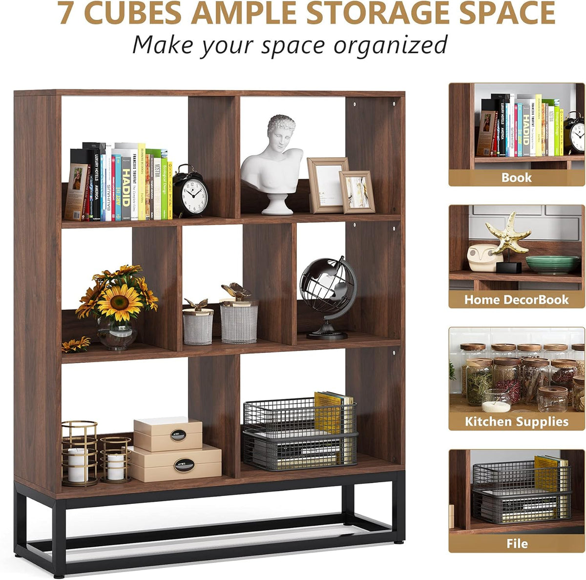 3 Tier 7-Cube Open Shelf Bookcase with Metal Leg K87504