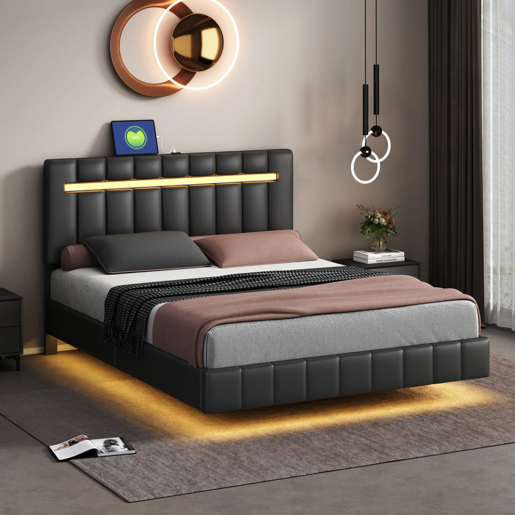 Queen Size Black Upholstered Platform Bed Frame with LED Lights D891