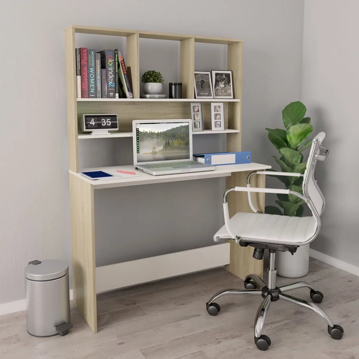 White and Sonoma Oak Desk with Shelves B22370