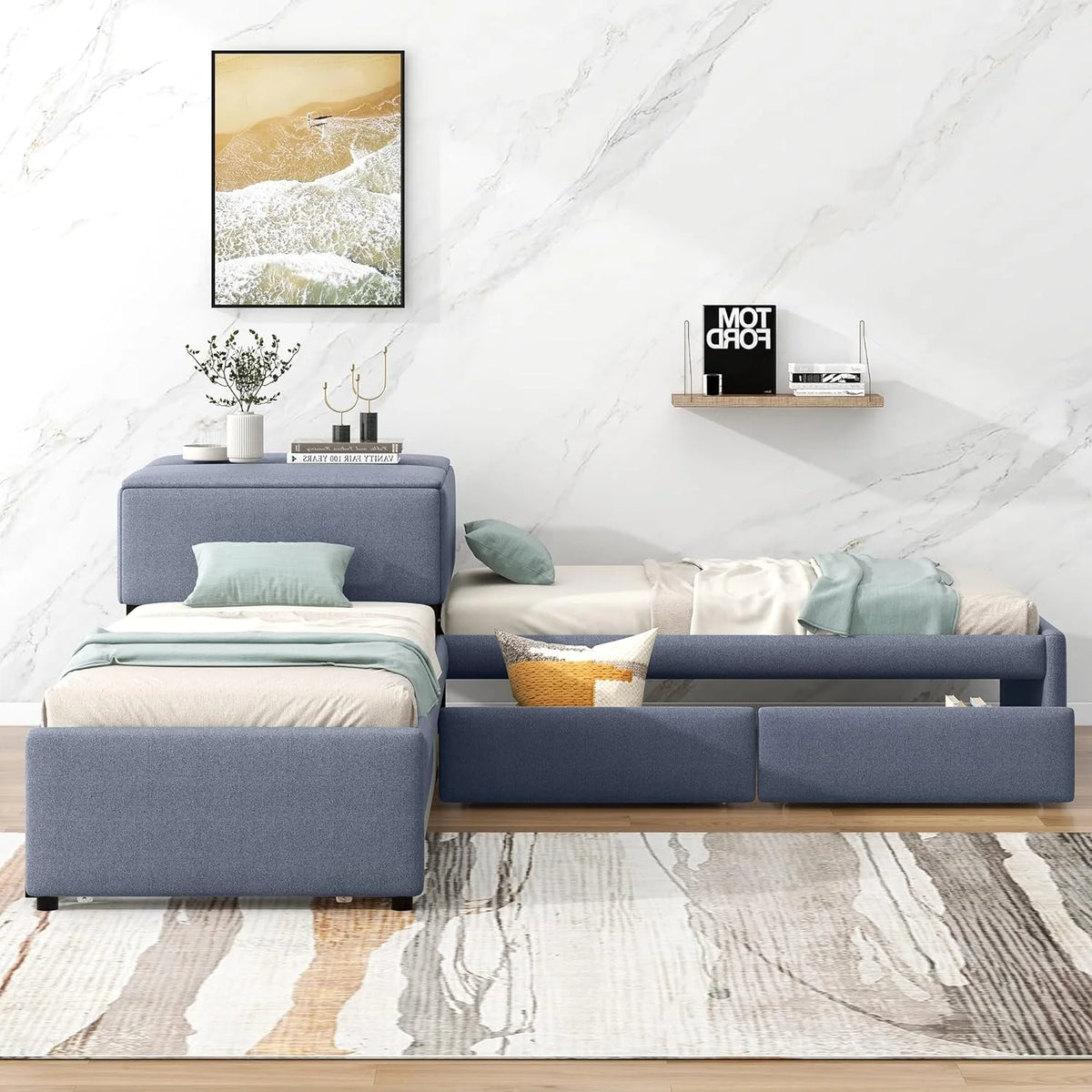 Upholstered L-Shaped Platform Bed Frame With Trundle And Drawers A343