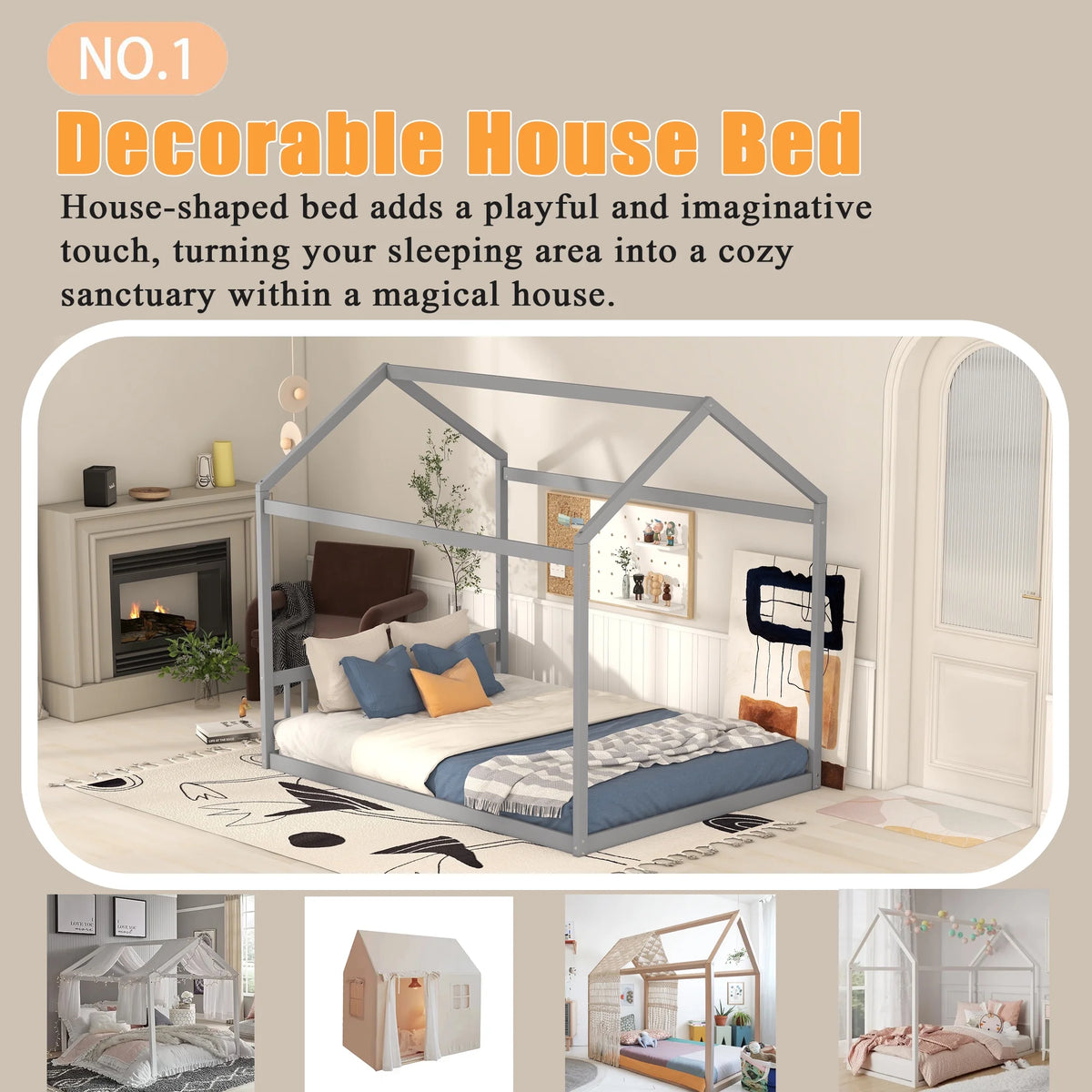 Queen Size Wood Floor Bed with Headboard Q562
