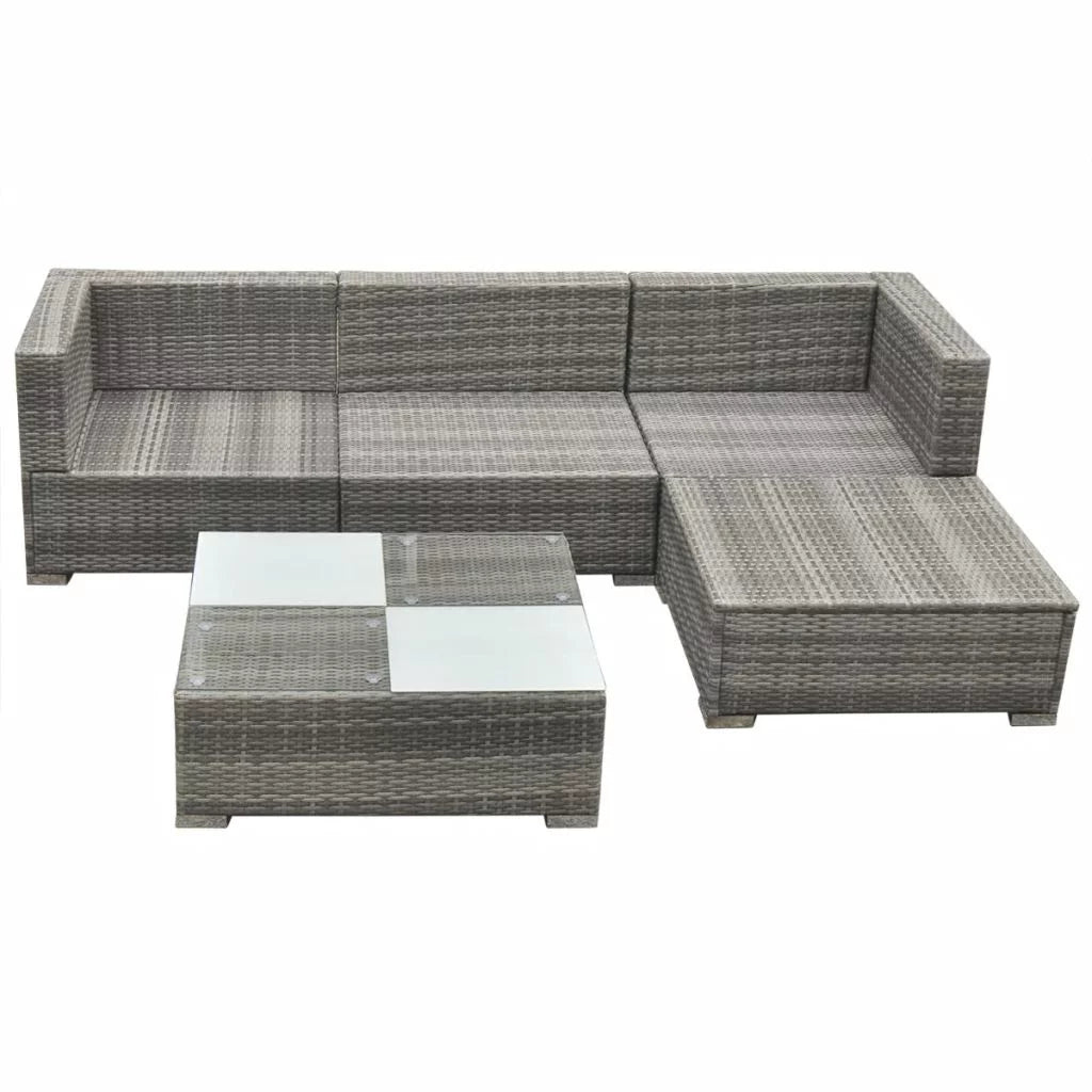 5 Piece Cushioned Sofa and Corner Sofas with Footrest Tea Table Gray Poly Rattan Outdoor Furniture Set X379