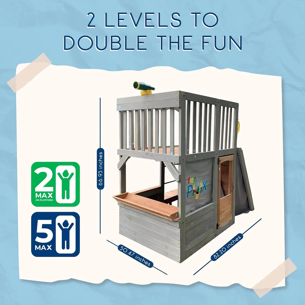 Wooden Playhouse with Sandbox, Bench, Telescope, Ladder, Climbing Ramp & Doors F1073